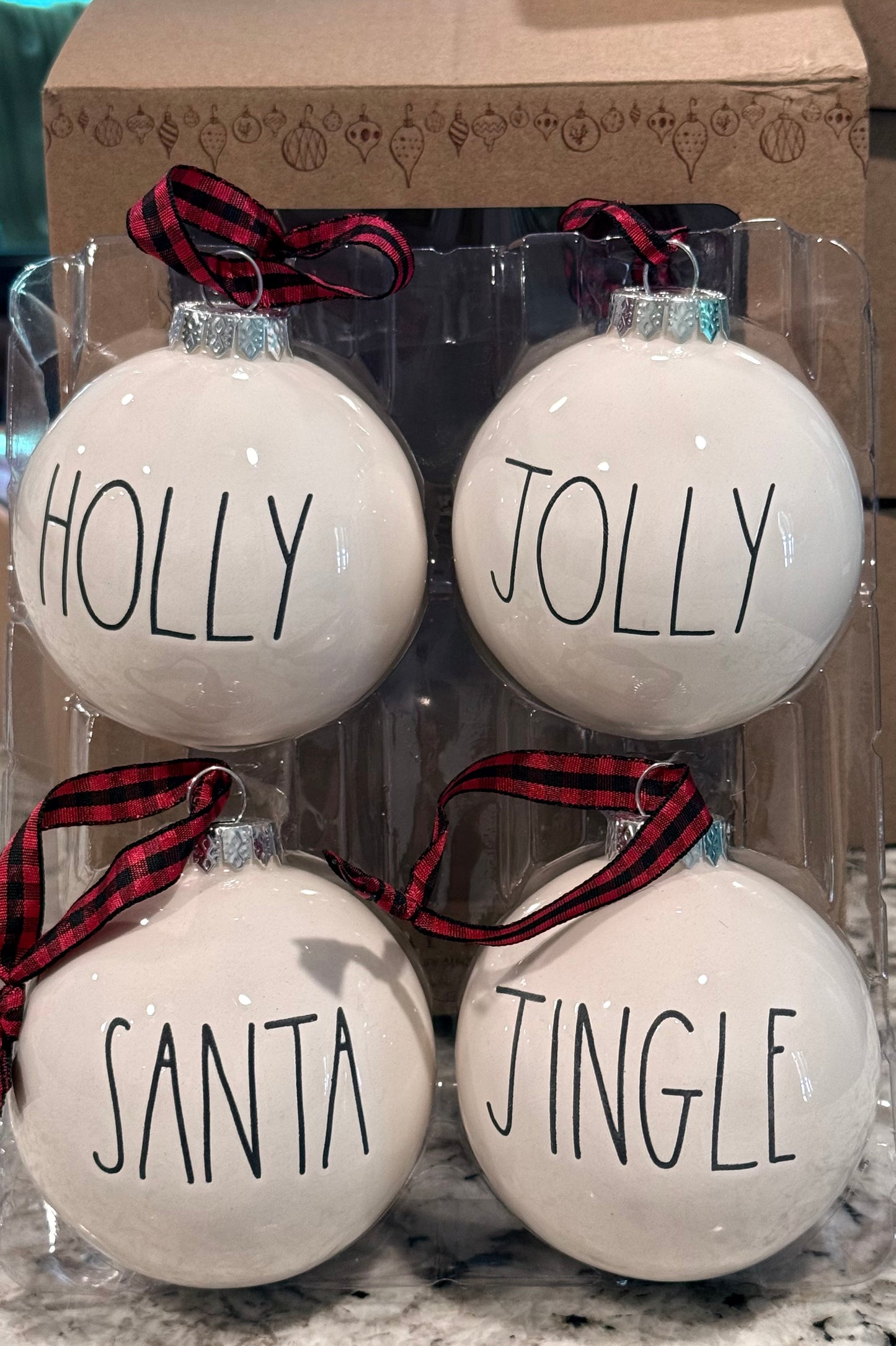 New in box Rae Dunn white ceramic Christmas ornament set HOLLY, JOLLY, SANTA, JINGLE
