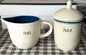 Rae Dunn vintage Blue Line ceramic 2-piece cream & sugar set POUR/SWEET