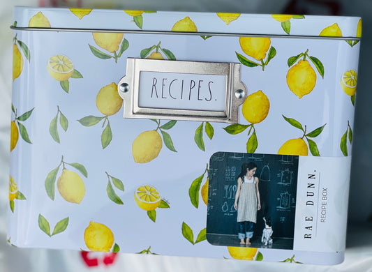 New Rae Dunn white Tin Lemon print RECIPE box fits standard index card size