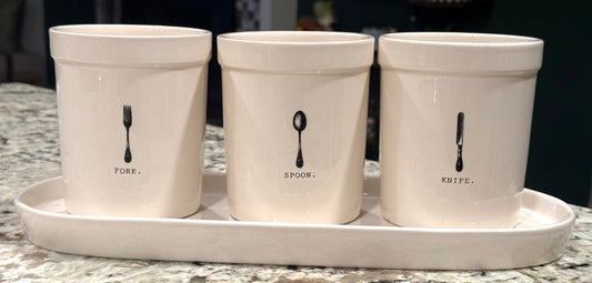 Rae Dunn white ceramic original ICON 4-piece utensils holder