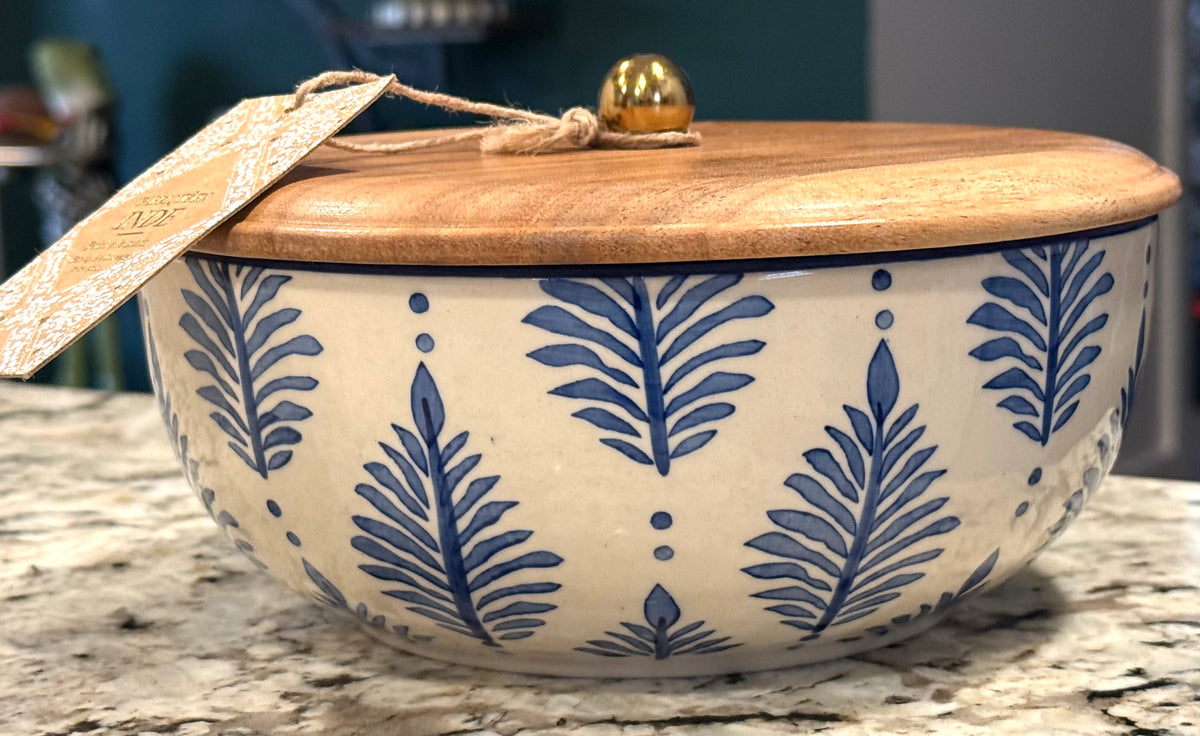New Made in India ceramic blue leaf wood top covered storage bowl dish 8”