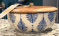 New Made in India ceramic blue leaf wood top covered storage bowl dish 8”