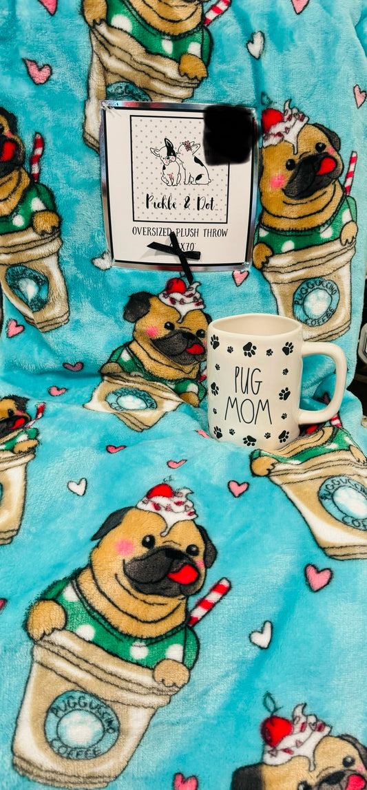 New Rae Dunn & Pickles and Dot blanket/mug combo gift set PUG MOM ceramic mug & 60x70 throw