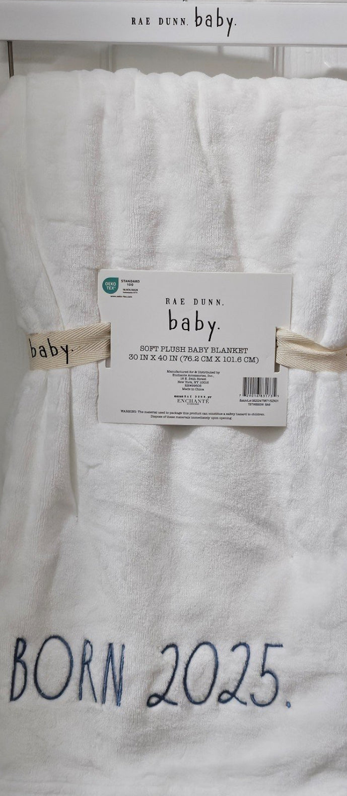 New Rae Dunn white baby throw blanket blue writing BORN 2025 30x40