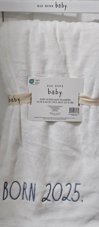 New Rae Dunn white baby throw blanket blue writing BORN 2025 30x40