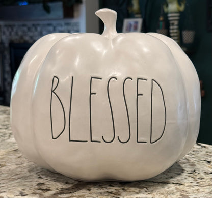 New Rae Dunn large white fall ceramic pumpkin decor BLESSED 11x10.5”