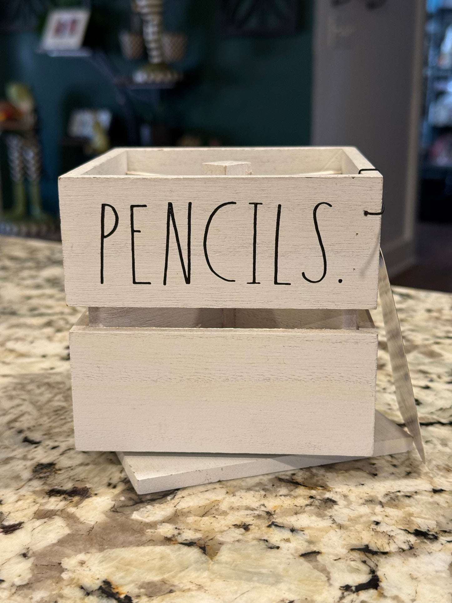 New Rae Dunn white wood storage box PENS/PENCILS spinning container 4.5”