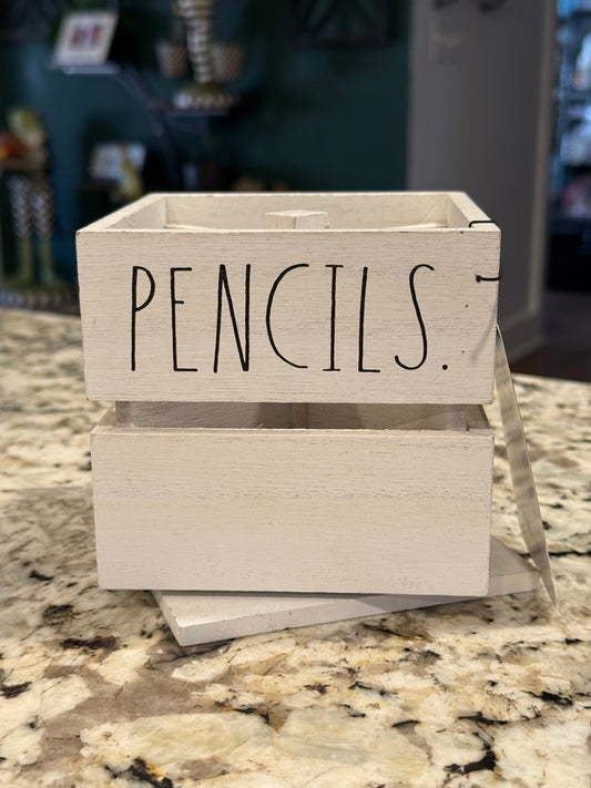 New Rae Dunn white wood storage box PENS/PENCILS spinning container 4.5”