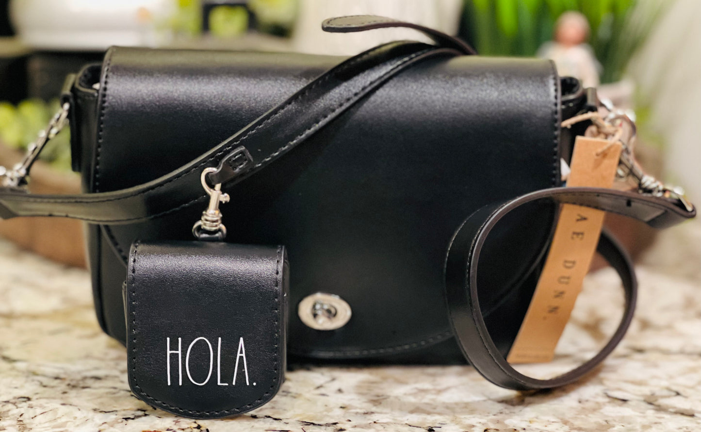 New style faux leather black Rae Dunn handbag purse size 9x6 HOLA sanitizer holder, turn lock close flap