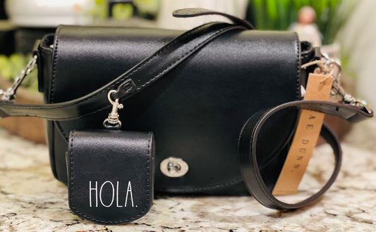 New style faux leather black Rae Dunn handbag purse size 9x6 HOLA sanitizer holder, turn lock close flap