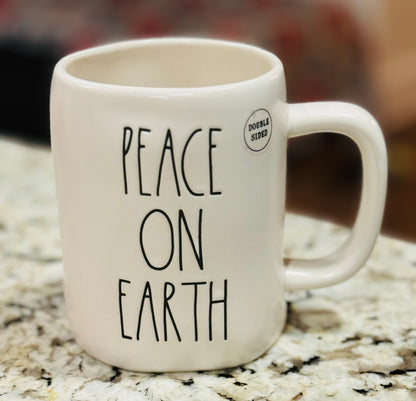 New Rae Dunn white ceramic Christmas coffee mug double sided PEACE ON EARTH