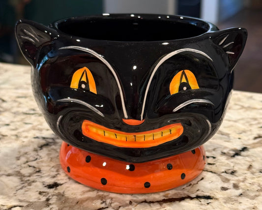 New Joanna Parker ceramic cat face bowl Halloween decor