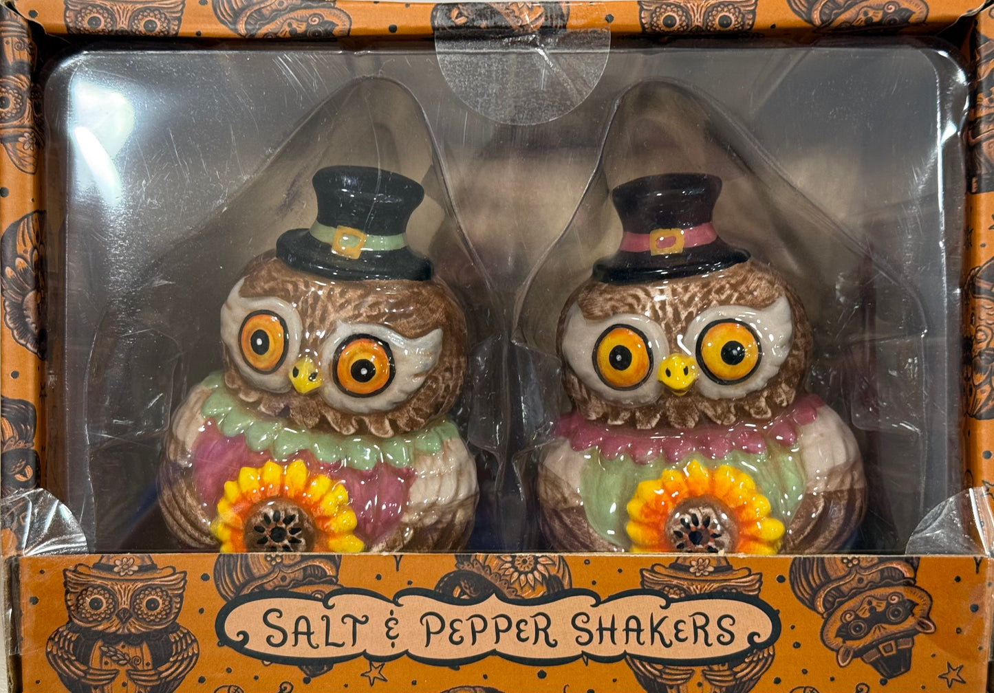 New release Joanna Parker ceramic fall grapevine critter owl salt and pepper shaker set -sunflower belly