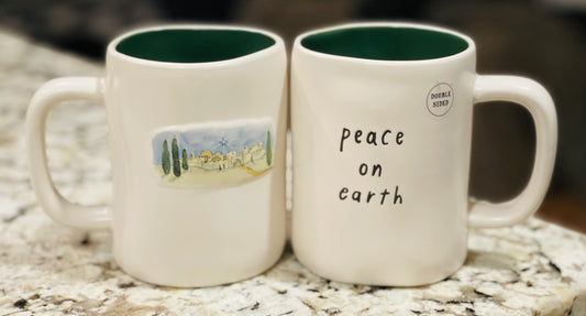 New Rae Dunn white ceramic Christmas coffee mug double sided PEACE ON EARTH