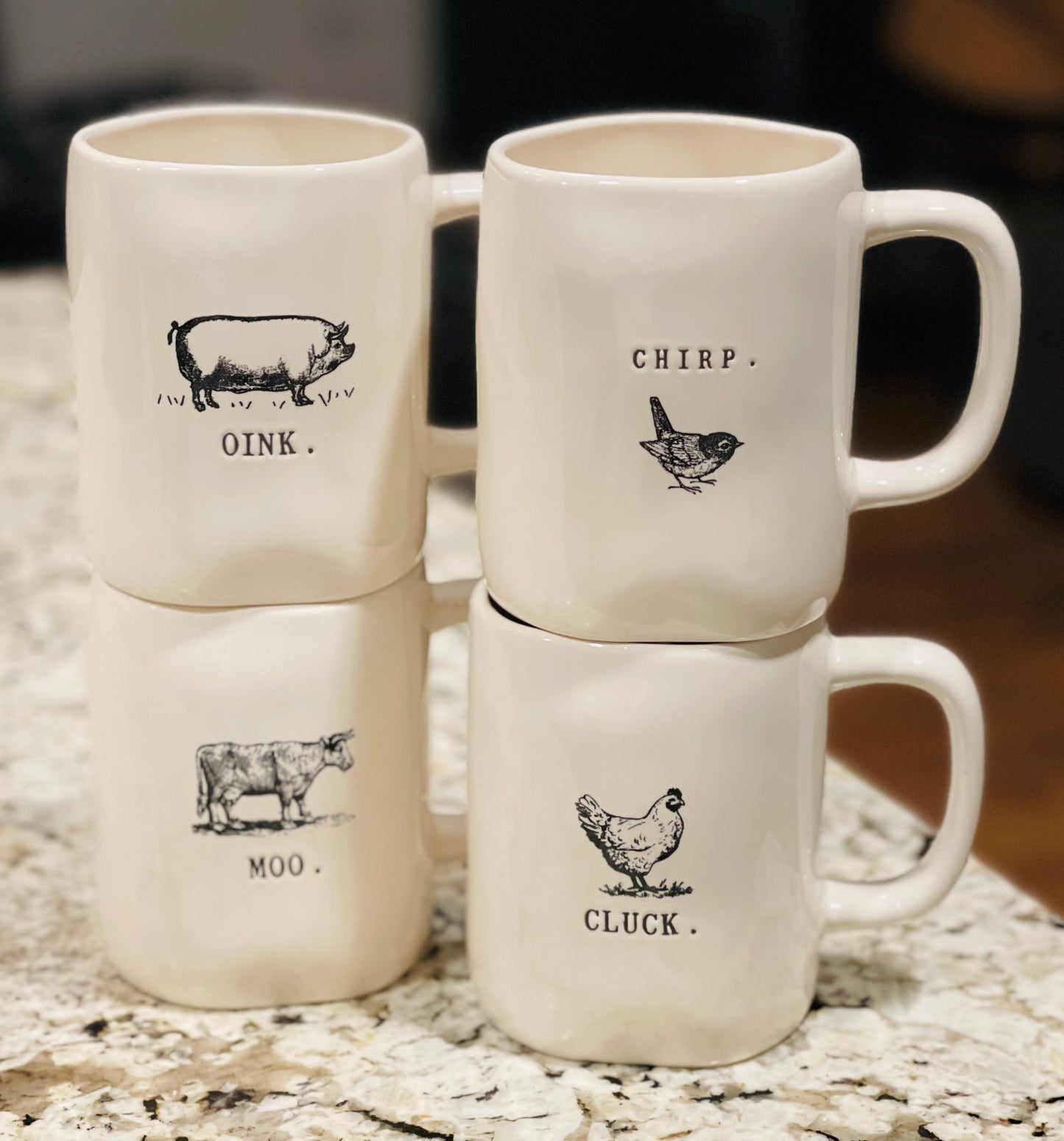 New Rae Dunn 4-piece ceramic coffee mug set Farmline decor OINK, CLUCK, MOO, CHIRP