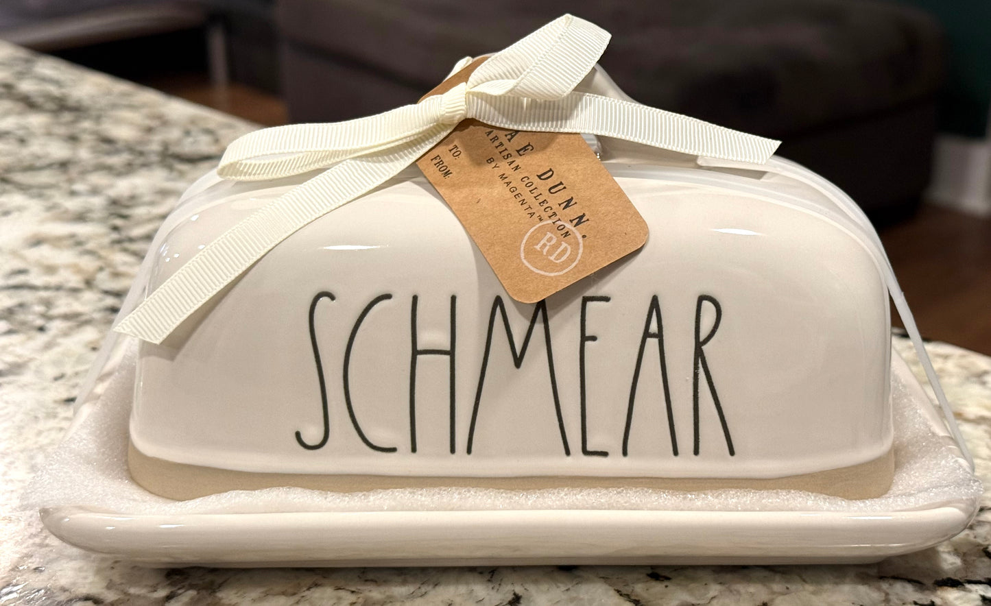 New ceramic Rae Dunn butter dish and covered lid SCHMEAR