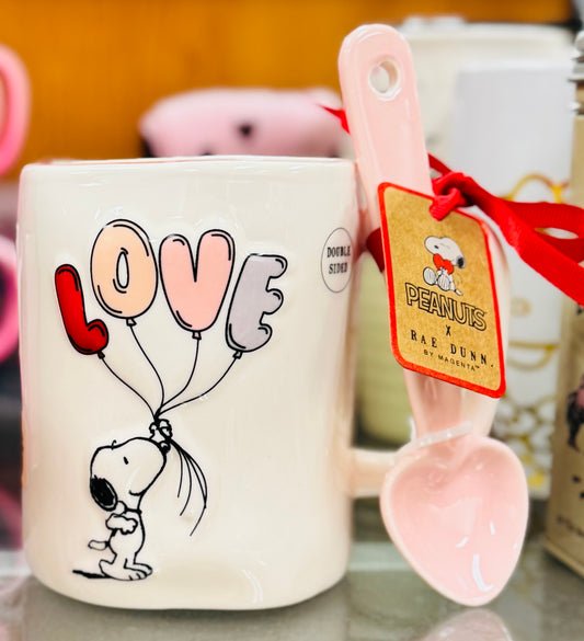 New Rae Dunn x Peanuts Snoopy ceramic mug with spoon LOVE balloon