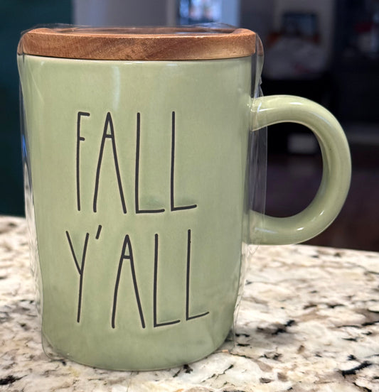 New Rae Dunn fall green ceramic coaster top coffee mug FALL Y’ALL