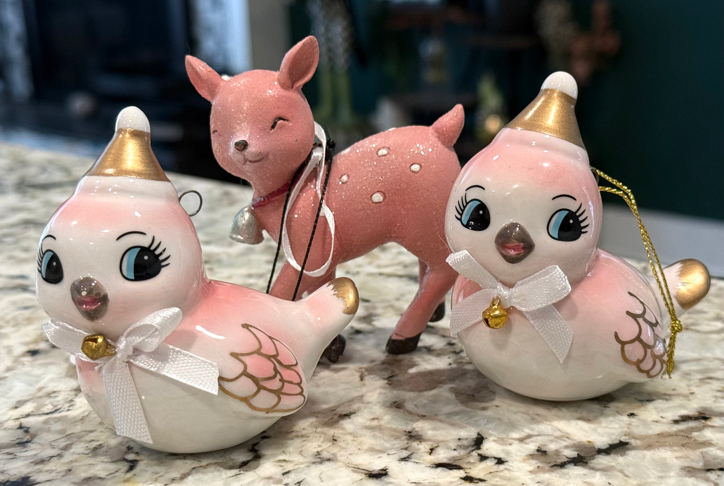 New 3-piece pink Christmas love birds & deer ornament lot