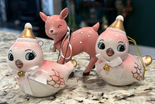 New 3-piece pink Christmas love birds & deer ornament lot