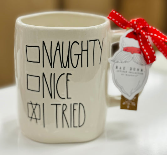 New Rae Dunn white ceramic   Christmas mug NAUGHTY, NICE, I TRIED