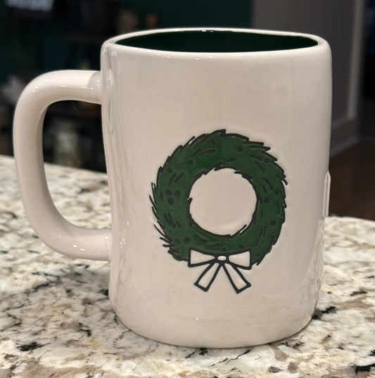 New Rae Dunn white ceramic Christmas decor coffee mug wreath on back MERRY CHRISTMAS