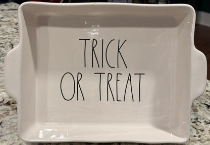 New Rae Dunn white  ceramic Halloween decor TRICK OR TREAT baking dish pan casserole dish