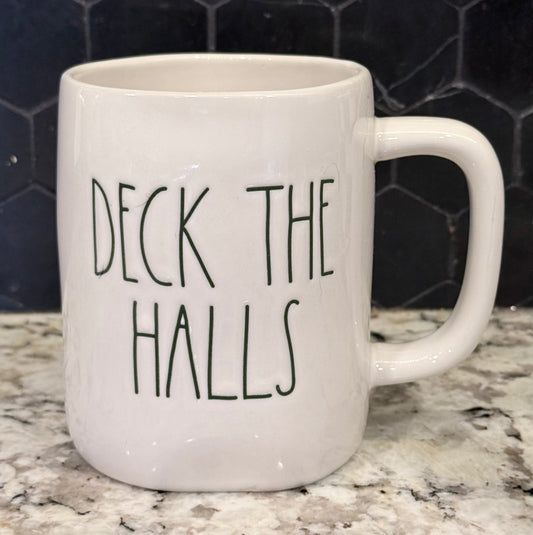 New Rae Dunn white/green writing ceramic coffee mug DECK THE HALLS