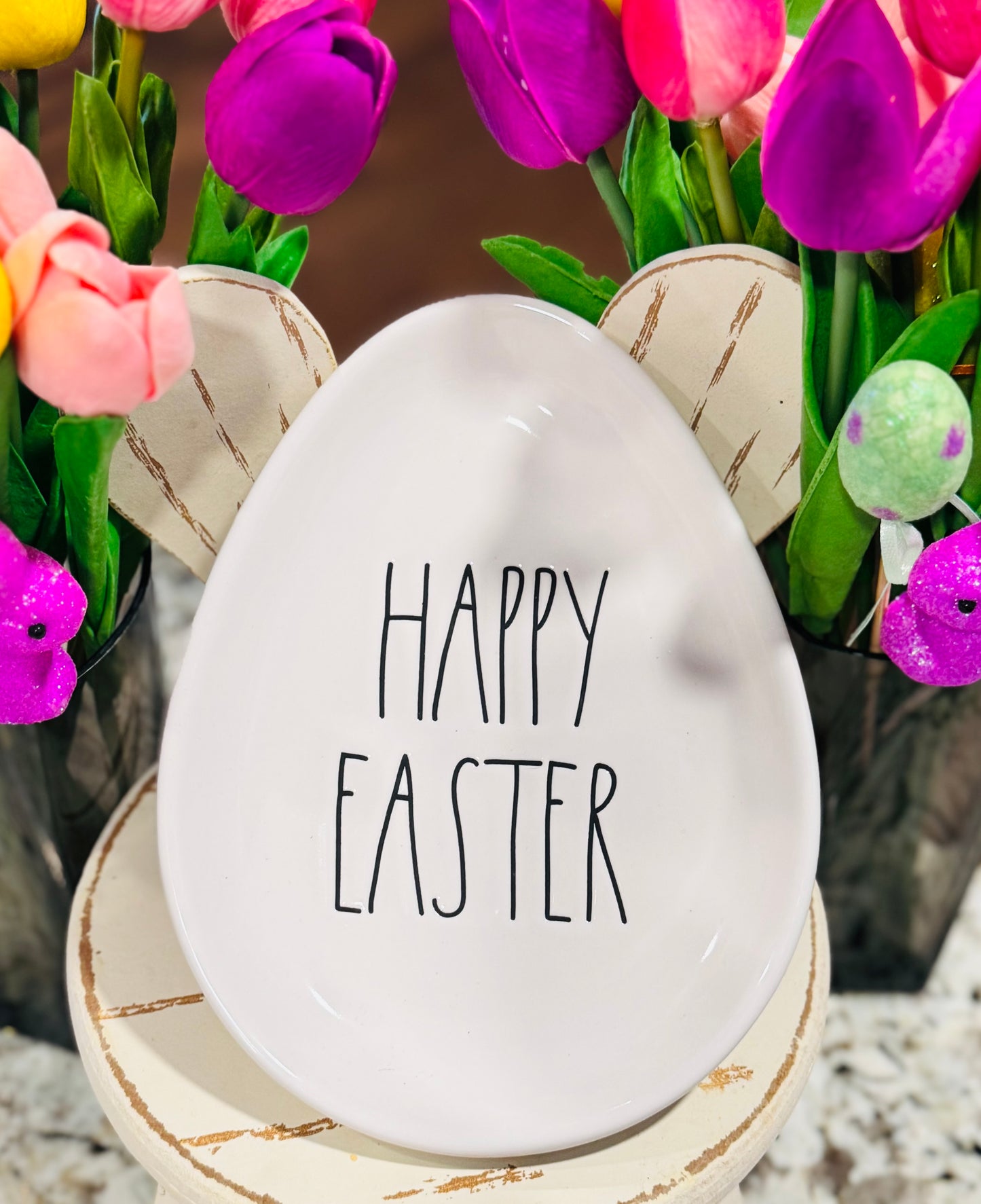 Rae Dunn ceramic 3-piece Easter Egg shaped plate set HAPPY SORING, HAPPY EASTER, HOP TO IT