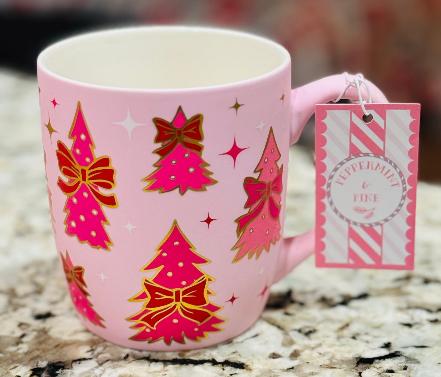 New Peppermint Pine Hand Painted soft feel ceramic Christmas mug pink Trees