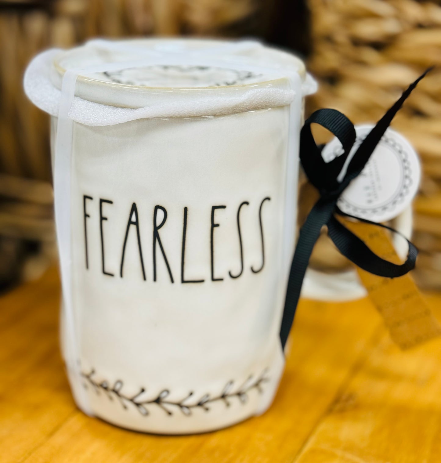 New Rae Dunn ceramic covered coffee mug FEARLESS