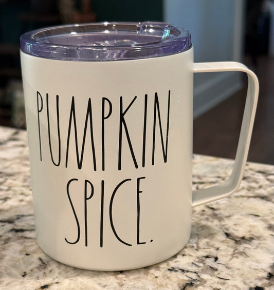 New Rae Dunn white 12oz fall stainless handled travel cup, mag slide lid PUMPKIN SPICE