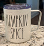 New Rae Dunn white 12oz fall stainless handled travel cup, mag slide lid PUMPKIN SPICE