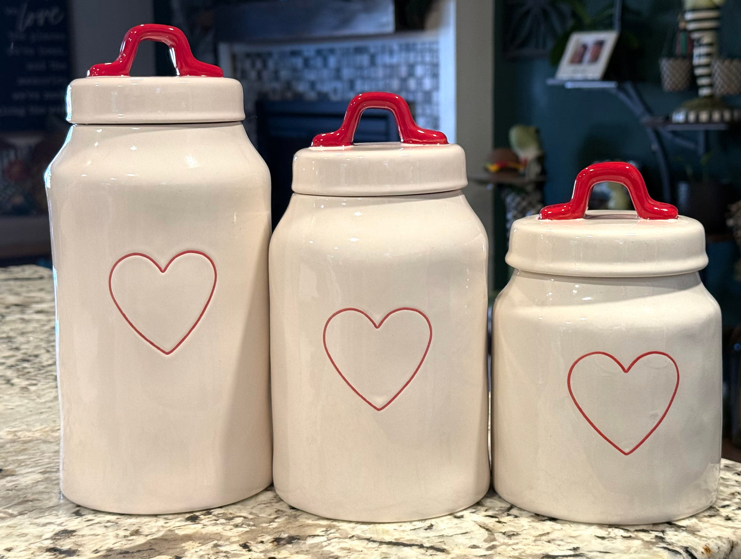 Rae Dunn white ceramic red heart Valentine’s Day  canister set 9” 7.5” 6”