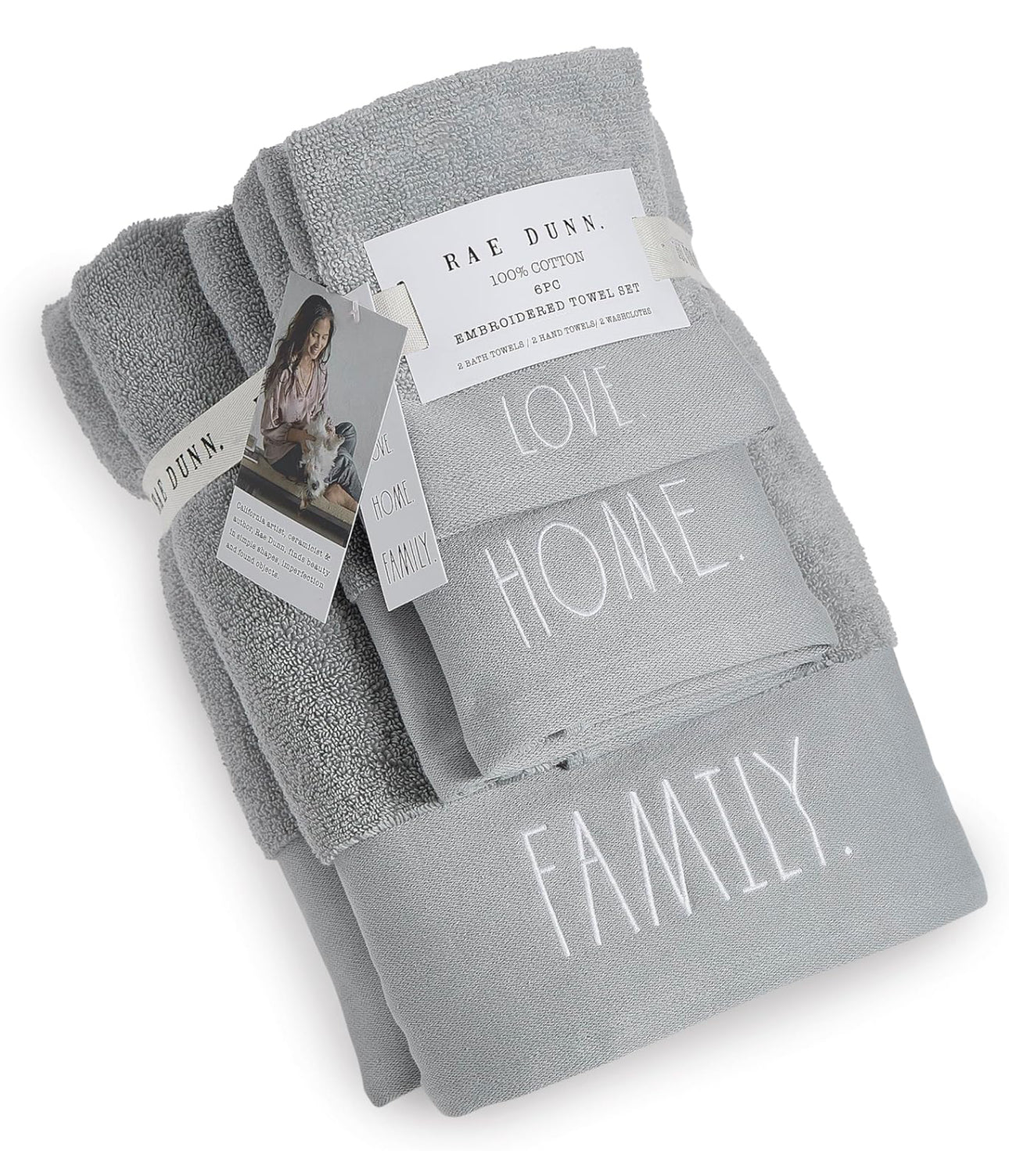 New Rae Dunn 6-piece gray embroidered bathroom bath towel set FAMILY