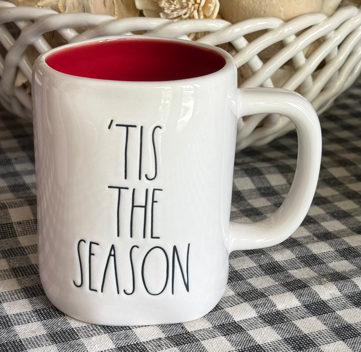 New Rae Dunn white ceramic Christmas mug red interior, TIS THE SEASON