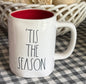 New Rae Dunn white ceramic Christmas mug red interior, TIS THE SEASON