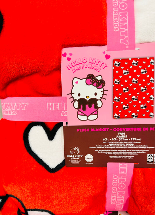 New Hello Kitty red heart glasses Valentines throw blanket 60x90 TWIN