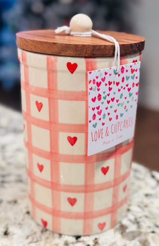 New Love and Cupcakes ceramic heart print canister 8.75”