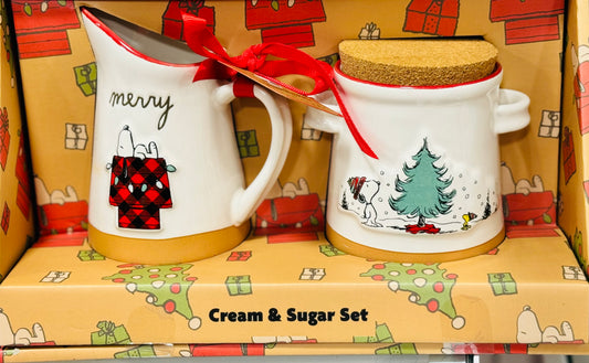 New Rae Dunn x Peanuts Snoopy ceramic Christree tree print CREAM & SUGAR set