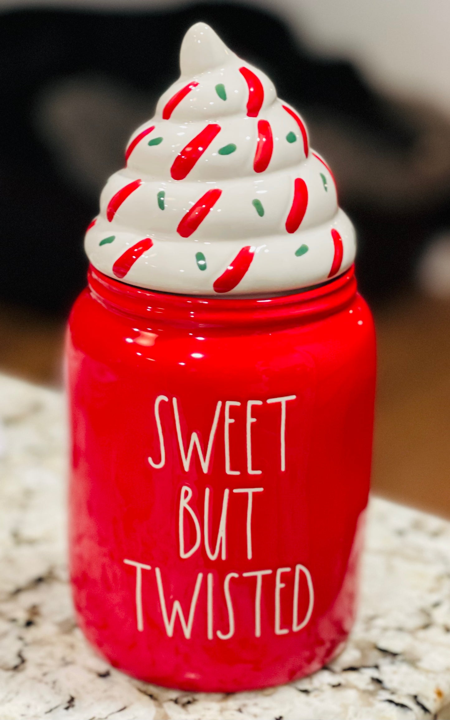 New Rae Dunn red ceramic baby topped canister SWEET BUT TWISTED