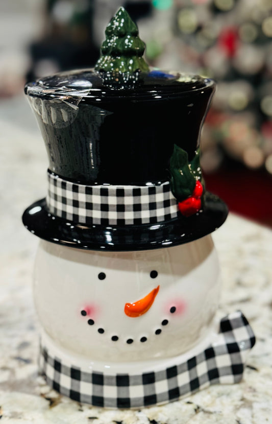 New ceramic plaid Snowman cookie jar, Christmas decor