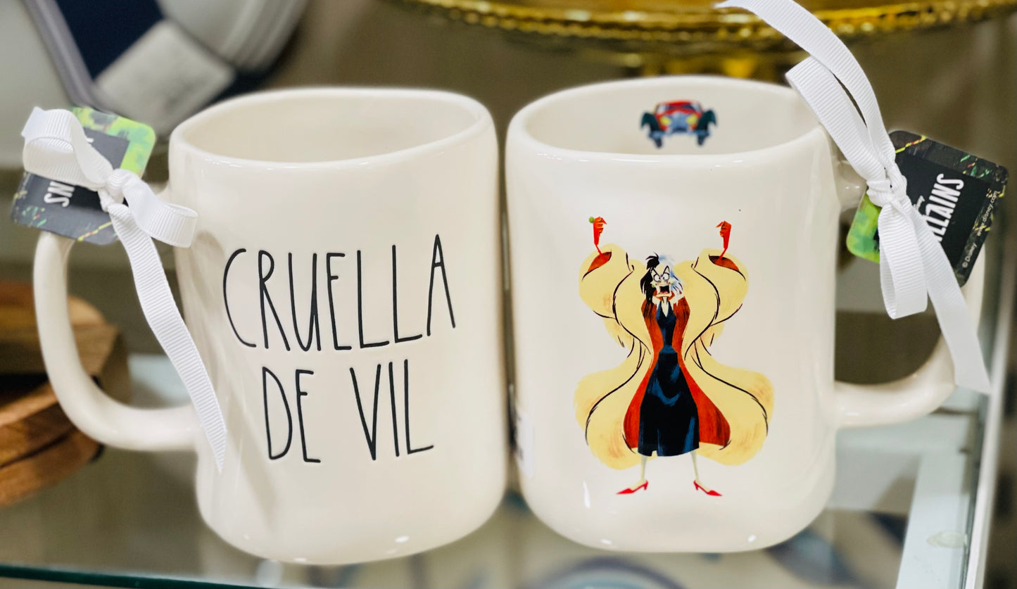 New Rae Dunn Halloween Disney Villan line ceramic coffee mug -CRUELLA DE VIL