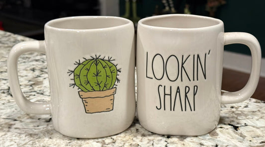 New Rae Dunn white ceramic coffee mug LOOKIN SHARP