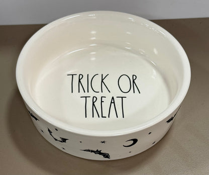 New Rae Dunn white ceramic bat motif Halloween candy bowl dish 4” TRICK OR TREAT