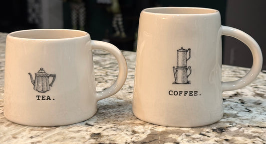 Rae Dunn white ceramic original icon line 2-piece mini mug set TEA & COFFEE