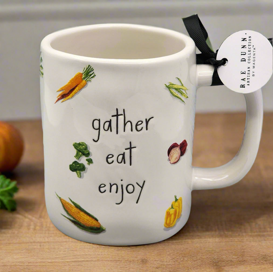 New Rae Dunn white ceramic coffee mug GATHER EAT ENJOY