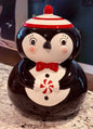 New Joanna Parker black ceramic penguin Christmas cookie jar storage container decor