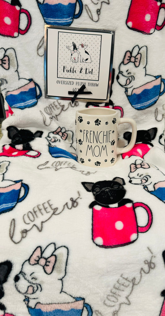 New Rae Dunn & Pickles and Dot blanket/mug combo gift set FRENCHIE MOM ceramic mug & 60x70 throw