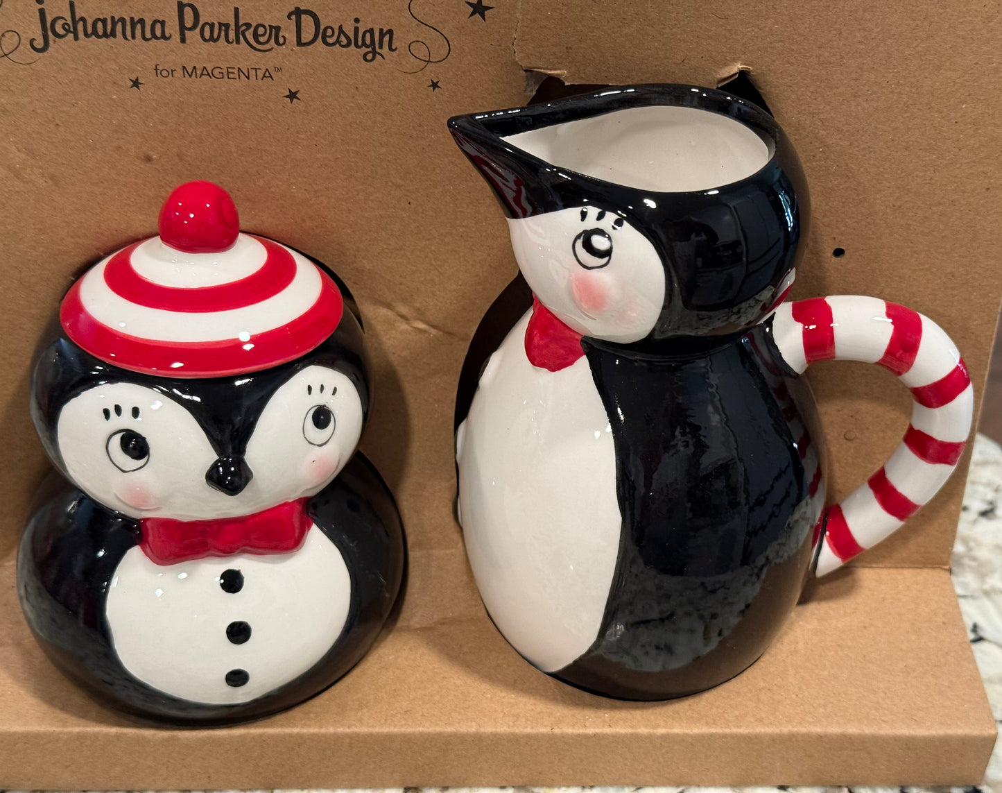 New Joanna Parker black ceramic penguin cream & sugar decor set Christmas